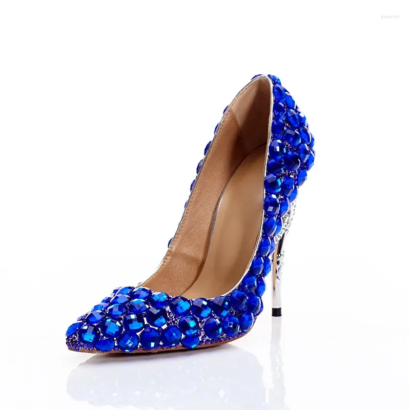 Robe chaussures femmes simples avec des talons hauts mode sexy cuir bleu cristal élégant défilé pointu mariage