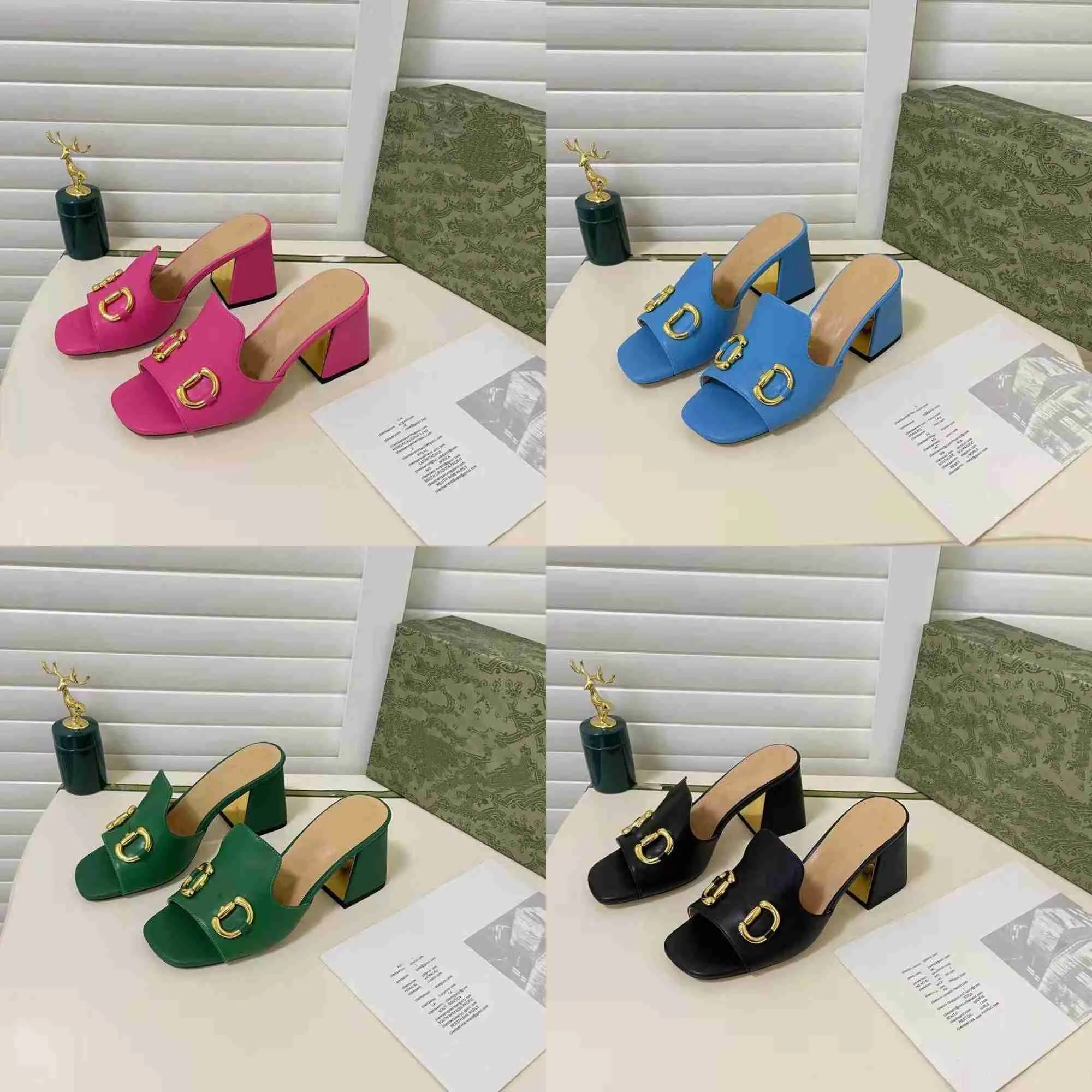 Fashion Classic Luxury Designer Women Slippers Bright Lacquer Leather Thick Heels Metal Woman Shoe Beach Lazy Sandals High Heeled Shoes