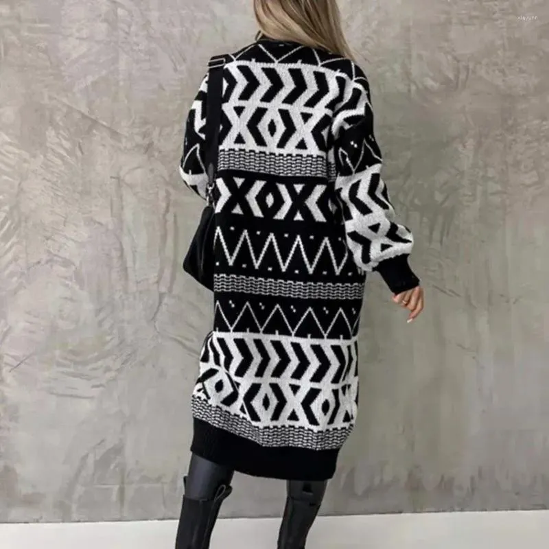 Cardigã feminino com estampa geométrica, suéter grosso de malha elegante bloco de cores geométrico da moda para outono/inverno