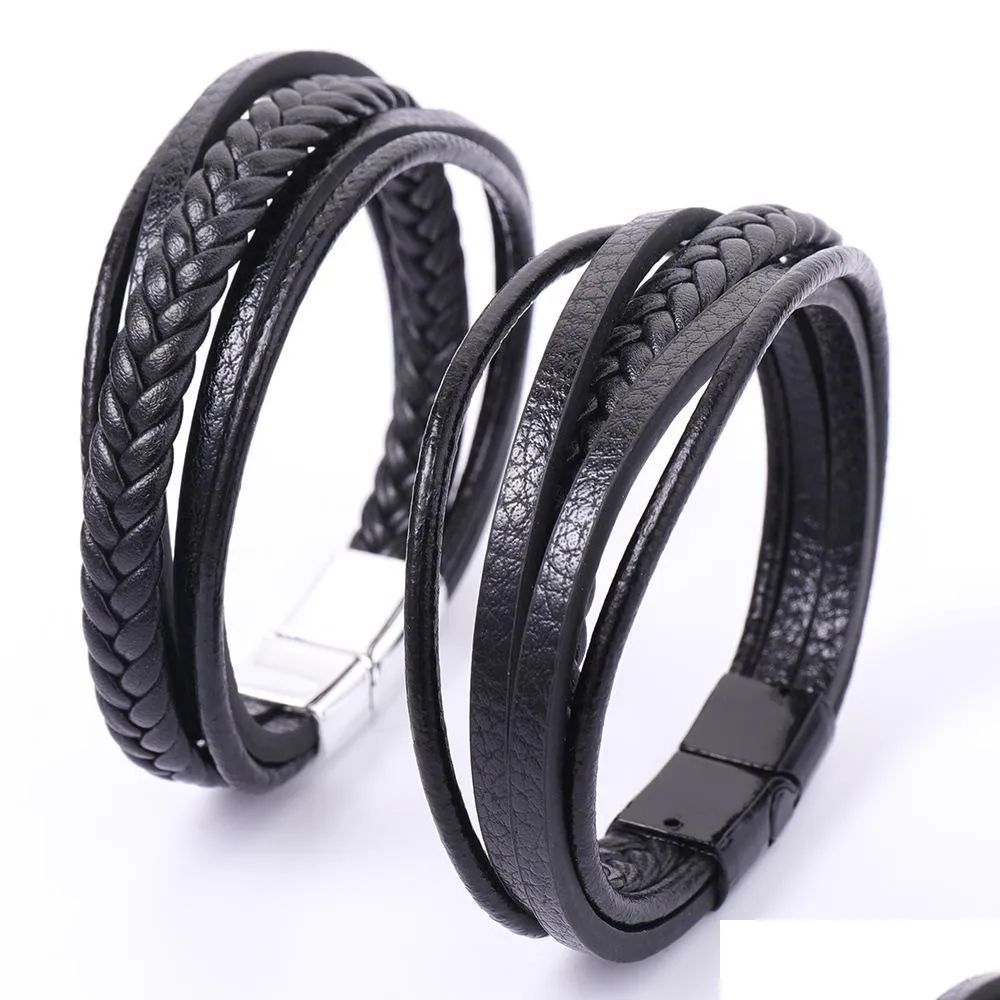 Other Bracelets Wholesale Hand Woven Mtilayer Mens Bracelet Jewelry National Style Retro Alloy Magnetic Buckle Leather Drop D Dhgarden Dhale