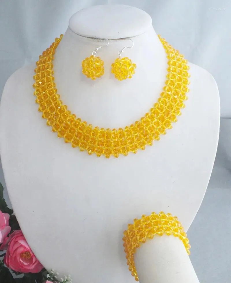 Necklace Earrings Set Yellow Nigerian Wedding African Crystal Beads Jewelry