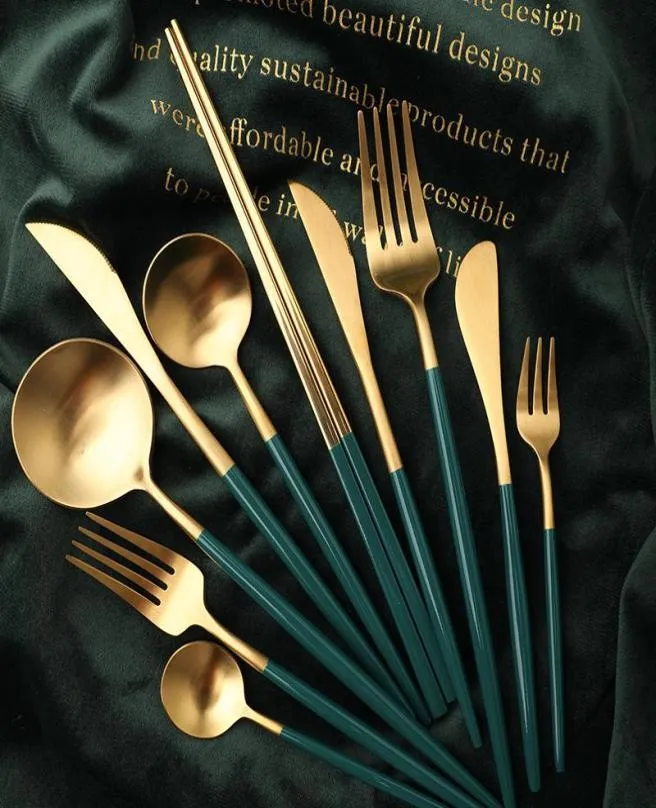 Serisuppsättningar set cutlery silverware western middag gaffel sked kniv bordsartiklar pinnar guld rostfritt steeldinnerware setsdin1112231
