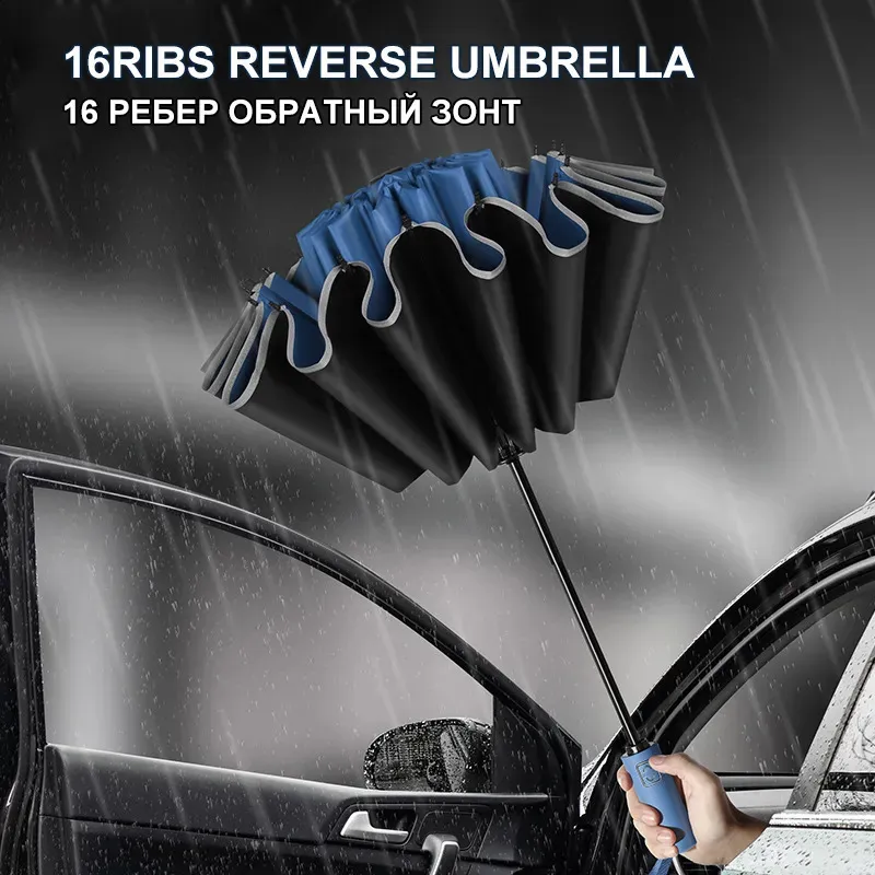 Şemsiyeler 16RIBS Erkek Kadın Şemsiye Büyük Rüzgar Geçidi Yansıtıcı Şerit Ters Otomatik Şemsiye Sun Yağmur Lüks İş Araba Seyahat 231109