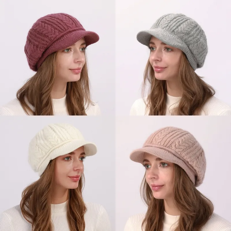 Designer Cable Beanies Women Brimmed Hat Plush Knitted Beret Nice Rabbit Velvet Ladies Warm Blank Snow Cap Headband Hair Accessories Solid color