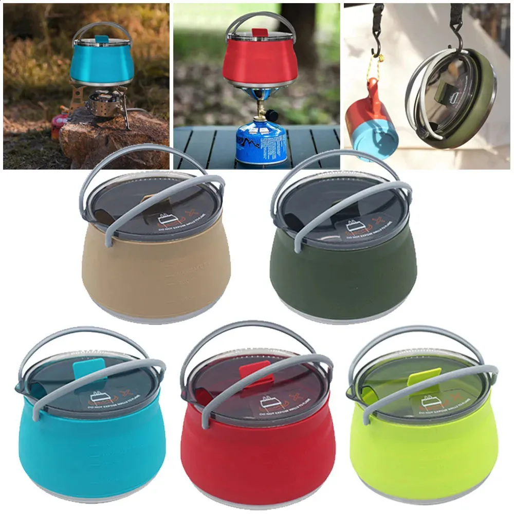 Cucina da campeggio Bollitore pieghevole in silicone Teiera da campeggio Caffè portatile Fornello da tè Pieghevole Mini pentola per acqua bollente con manico Forniture per escursioni 231109