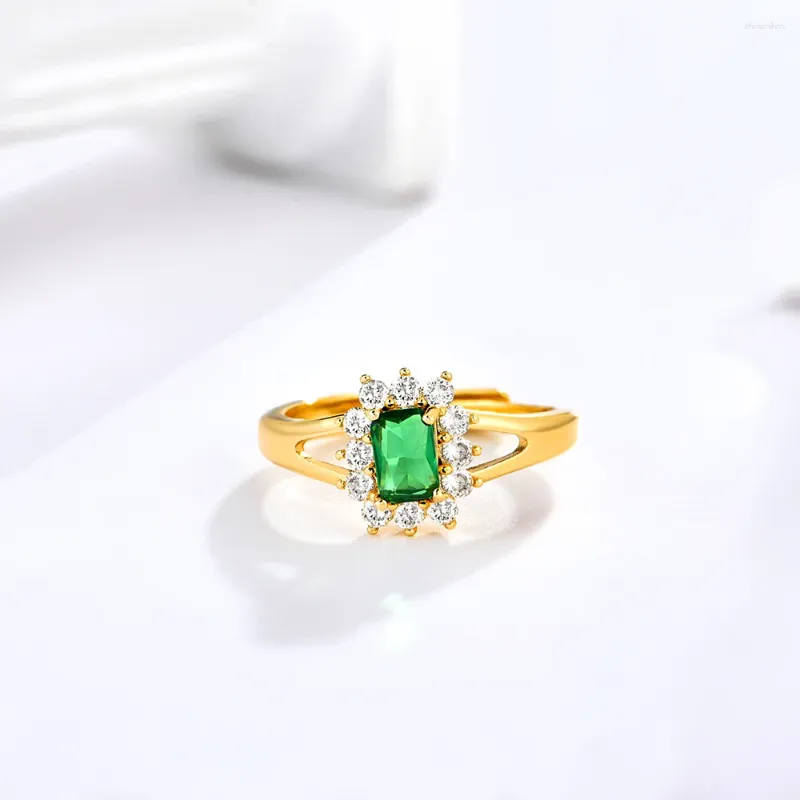 Cluster Rings Princess Cut Emerald Cubic Zirconia Open Ring For Women Circle Zircon Adjustable Fashion Jewelry Festival Gifts