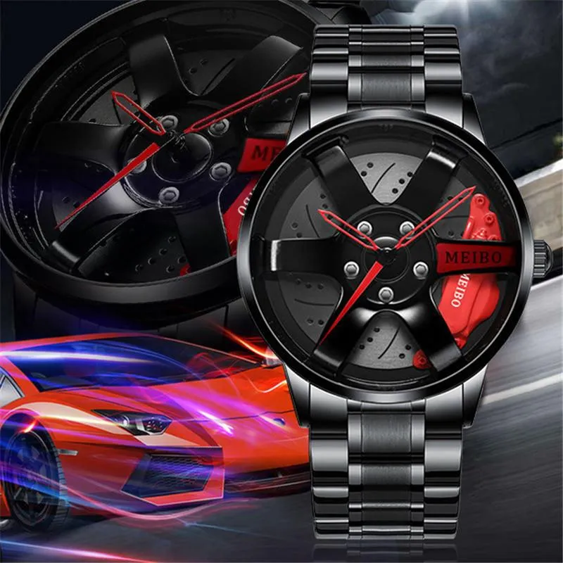 Wristwatches Black Luxury Men Car Wheel Watches Relojes Para Hombre Stainless Steel Quartz Watch Male Clock Gift Reloj Masculino Relogios