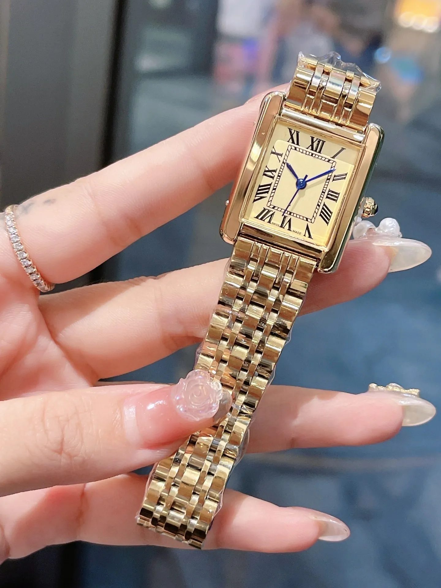 Women's Luxury Square Tank Watch with Diamonds, Premium Quartz Movement,  Stainless Steel Bracelet, Sapphire Glass, Waterproof Wristwatch