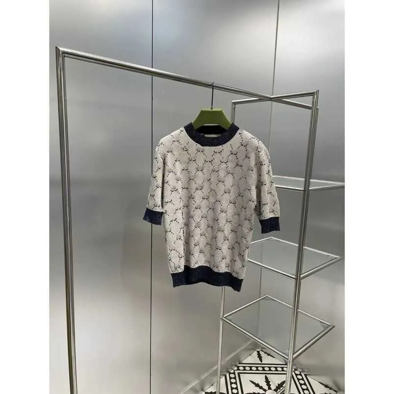 T-shirt da donna firmata T-shirt estiva a corpo intero jacquard con scollo tondo a contrasto, manica larga, pullover sottile, camicia da indossare