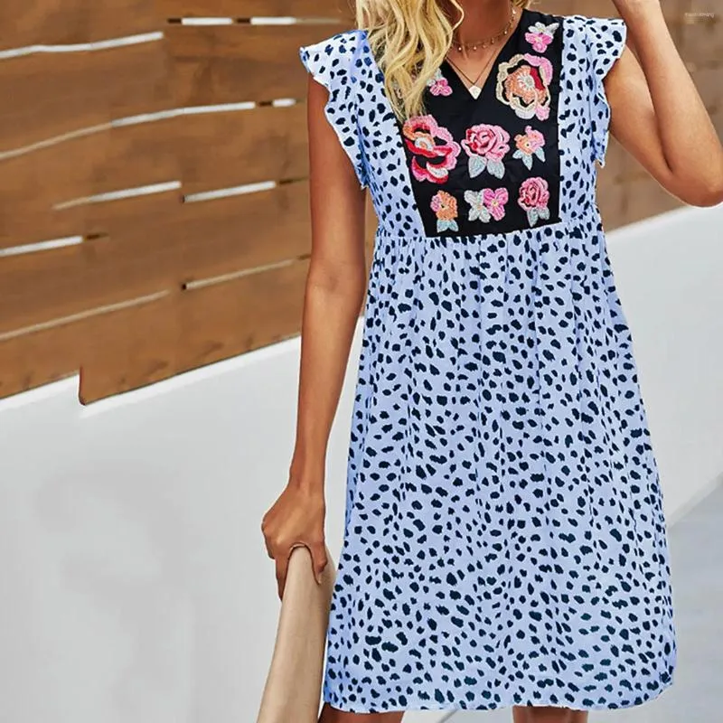 Casual Dresses Women's 2023 Summer Leopard Mini Dress V Neck Embroidered Floral For Women Midi Length High