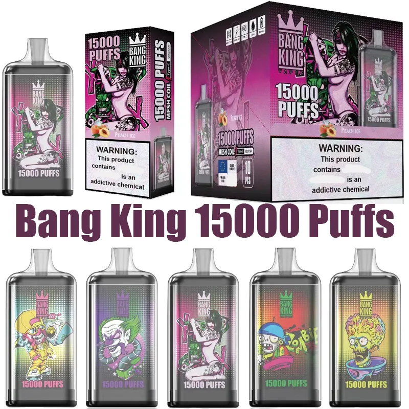 Bang King 15000 퍼프 일회용 vape e 담배 퍼프 15k 0% 2% 5% 25ml 미리 채워진 포드 1.0ohm 메쉬 코일 650mah 충전식 배터리 펜