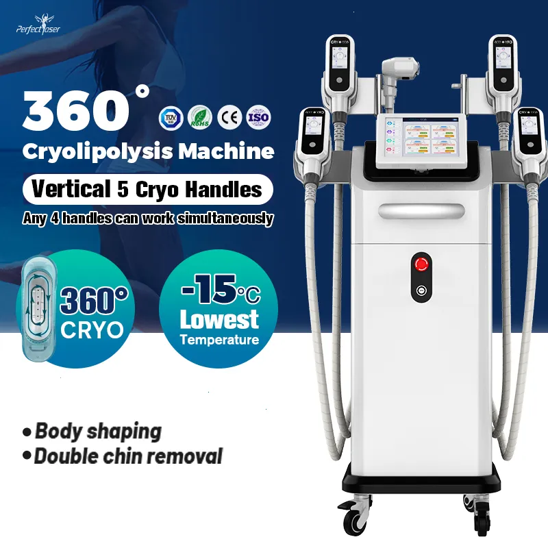 Cryolipolysis lichaamsvorm slanke machine 360 ​​° cryotherapie vet vriesafval uitrusting 5 handgrepen niet-invasieve laagste temperatuur dubbele kin verwijdering FDA goedgekeurd