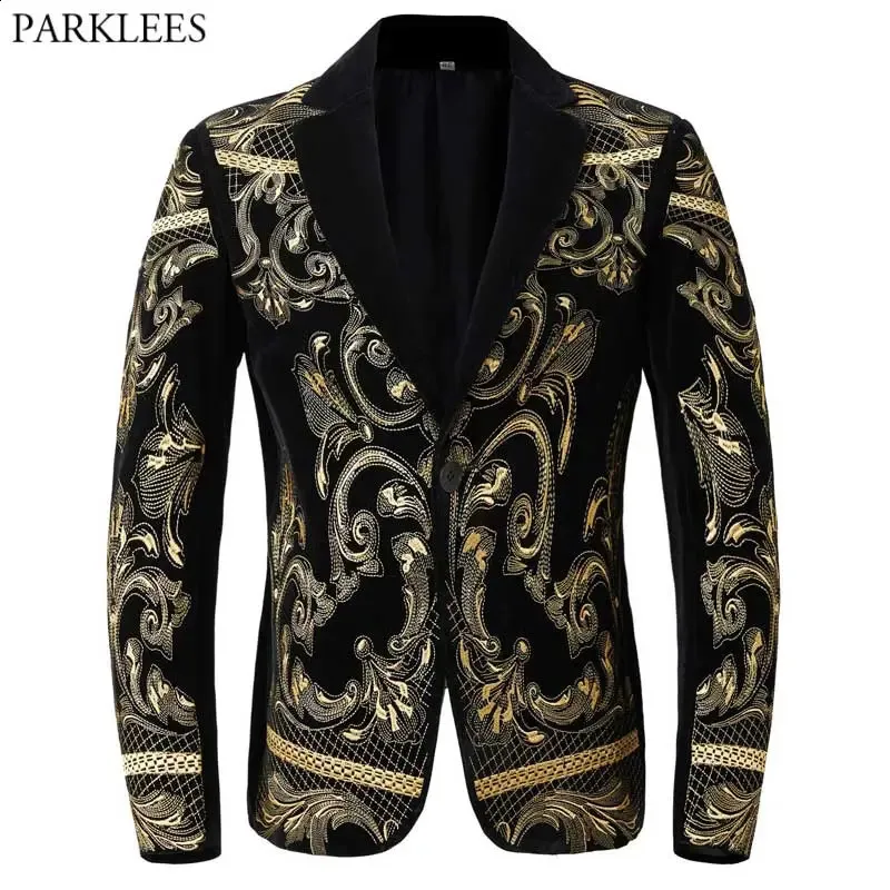 Herrdräkter blazers lyxguld blommor broderi svart blazer jacka män lapel en knapp barock sammet kostym jacka för bröllopsfest prom 231109