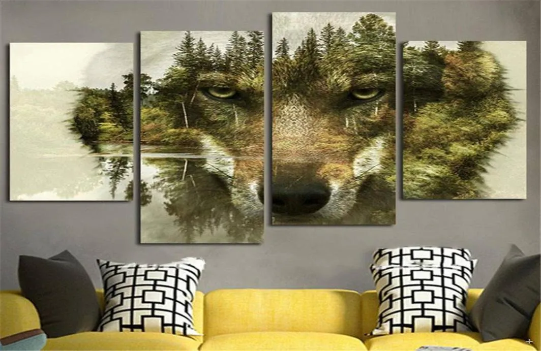 4 peça moderna pintura em tela arte da parede imagem decoração para casa lobo floresta água animal impressão em tela arte da parede decor8980025