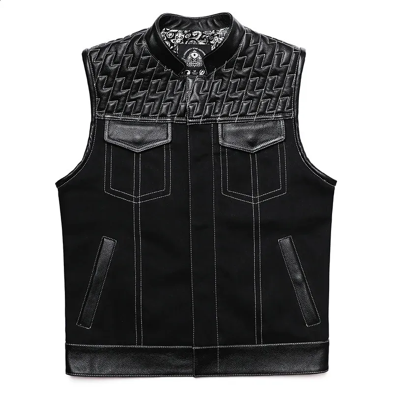 Heren Vesten SOA Club Stijl Motorfiets Lederen Vest Mannen Koeienhuid Denim Patchwork Vest Biker Man Mouwloze Jas 231109