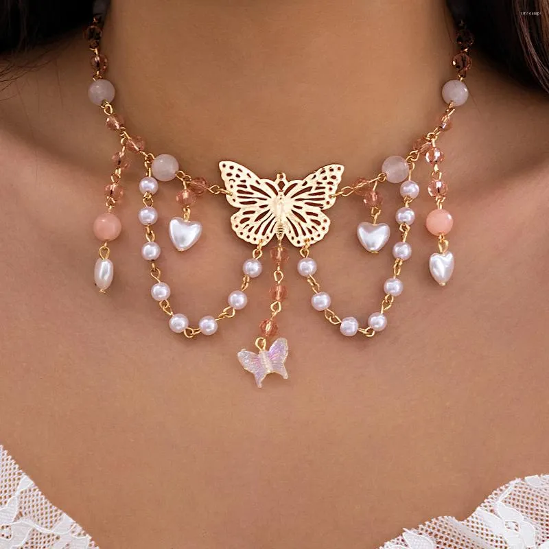 Chaînes Multicouche Belle Papillon Amour Coeur Pendentif Gland Chaîne Collier Pour Femmes Kpop Imitation Perle Perles Ras Du Cou Y2K Bijoux