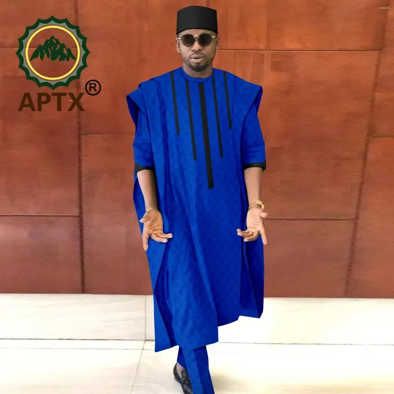 Men's Tracksuits African Men's Suit Traditional Handmade 4 Pieces Long Sleeveless Robe Shirt Pants Hat Daily Wear Polyester Material