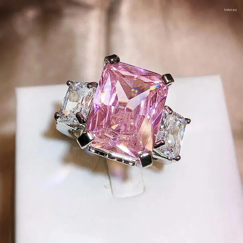 Cluster Rings Fashion Pink Big Square 5A Crystal Wedding Ring 925 Sterling Silver Jewelry for Women Cocktail With Stone Evening Jewellry
