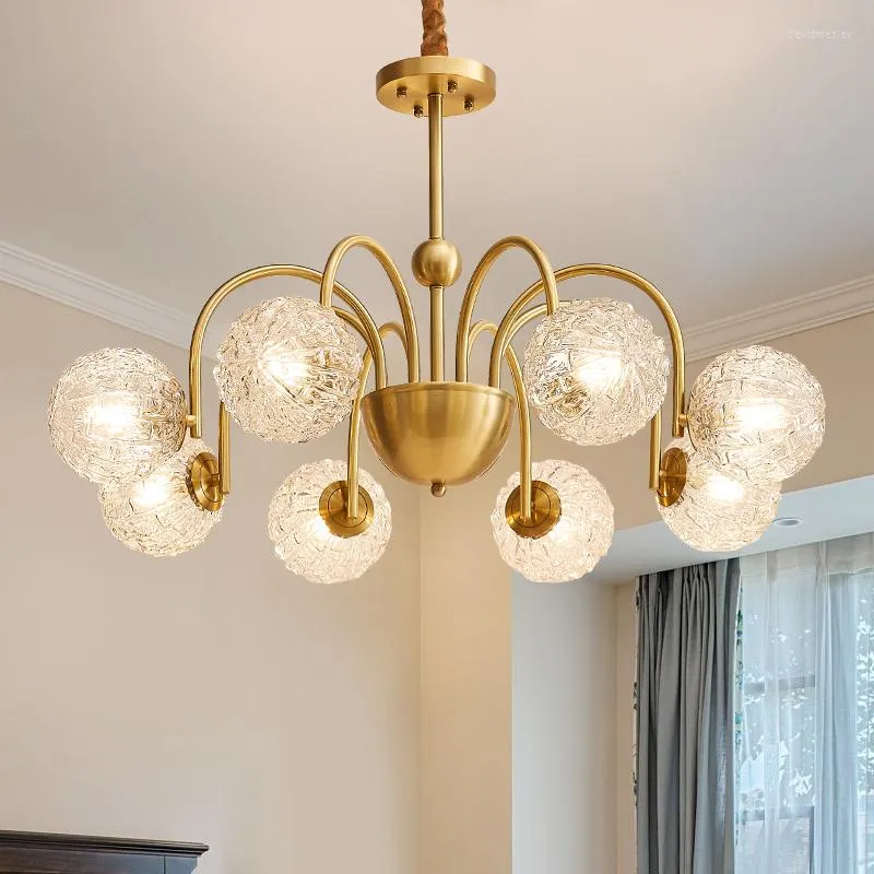 Pendant Lamps American Style Chandelier All Copper Crystal Glass Living Room Lighting Retro Simple Dining Bedroom Home