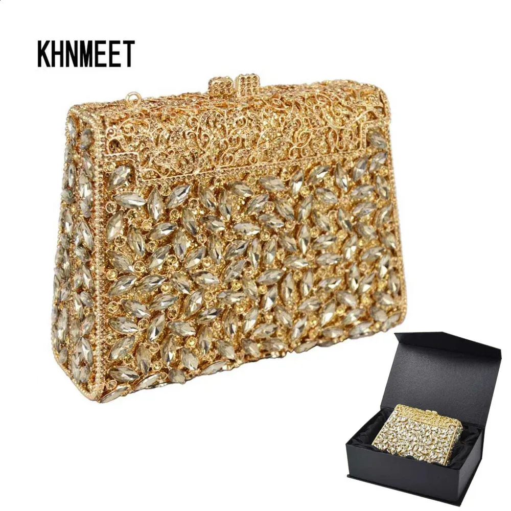 Kvällspåsar guldlåda väska diamantkvinnor koppling väska kristall party handväska damer bankett handväska mode pochette prom kväll väska sc452 231110