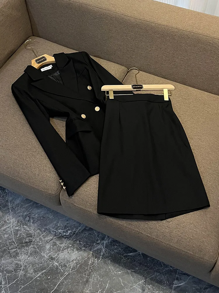 2023 Autumn Black Solid Color Two Piece Dress Sets Long Sleeve Notched-Lapel Ruffle Blazers Top With Knee-Length Skirt Set Two Piece Suits F3N021205012