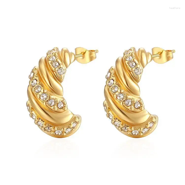 Pendientes de aro de acero inoxidable Croissant gancho grueso para mujeres chapado en oro de 18 quilates trenzado CZ joyería regalos