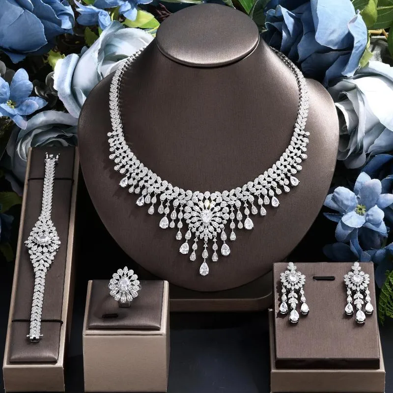 Ensemble de boucles d'oreilles et collier en zircone blanche pour mariage, 4 pièces, bijoux de mariée, goutte et bague, 2023