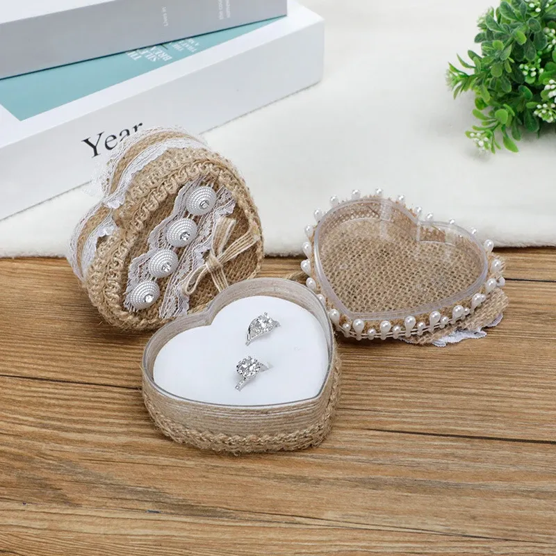 New Heart-shape Linen Ring Box Jewelry Case Valentine's Day Vintage Lace Engagement Wedding Ceremony Ring Storage Box