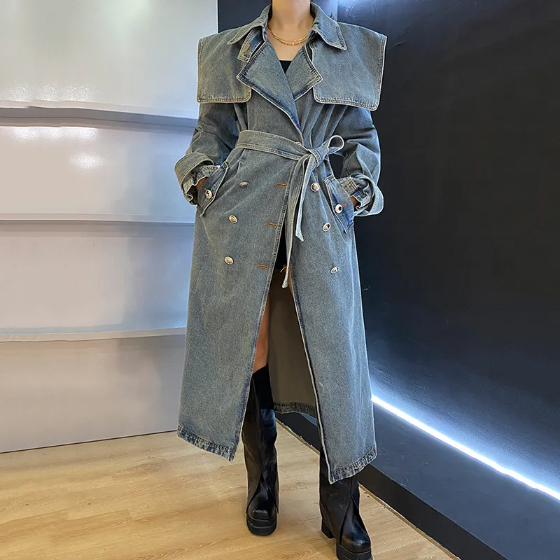 Damen-Denim-Trenchcoat SpringTemperament Zweireihiger Schnür-Loser langer Denim-Mantel All-Match-Mode