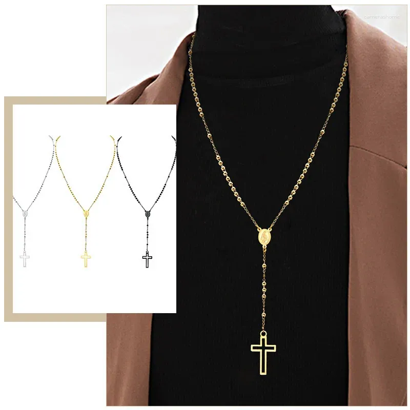 Pendant Necklaces Women Cross Rosary Necklace Maria With Black Gold Color Stainless Steel Christ Jesus Prayer Church Jewelry