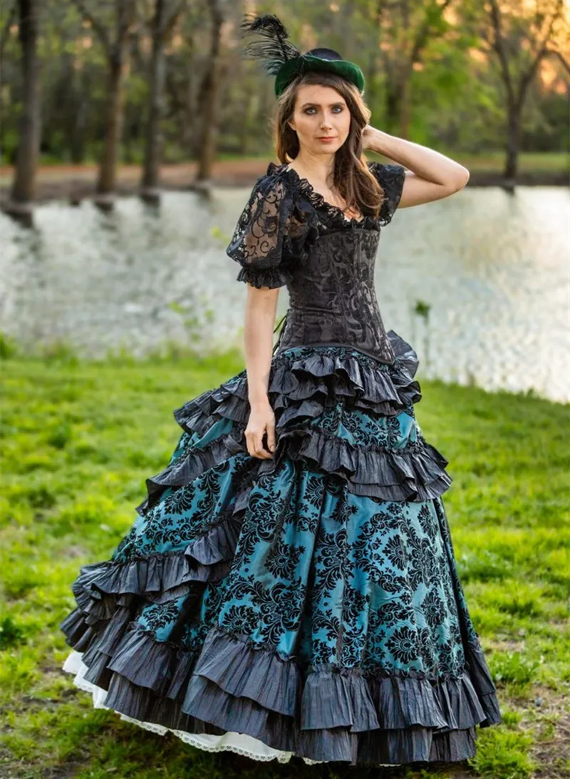 Vintage Masquerade Prom -klänningar Ruffles Tiered Teal och Black Victorian Gotic Special Endast klänningar för kvinnor Corset Floor Length aftonklänning