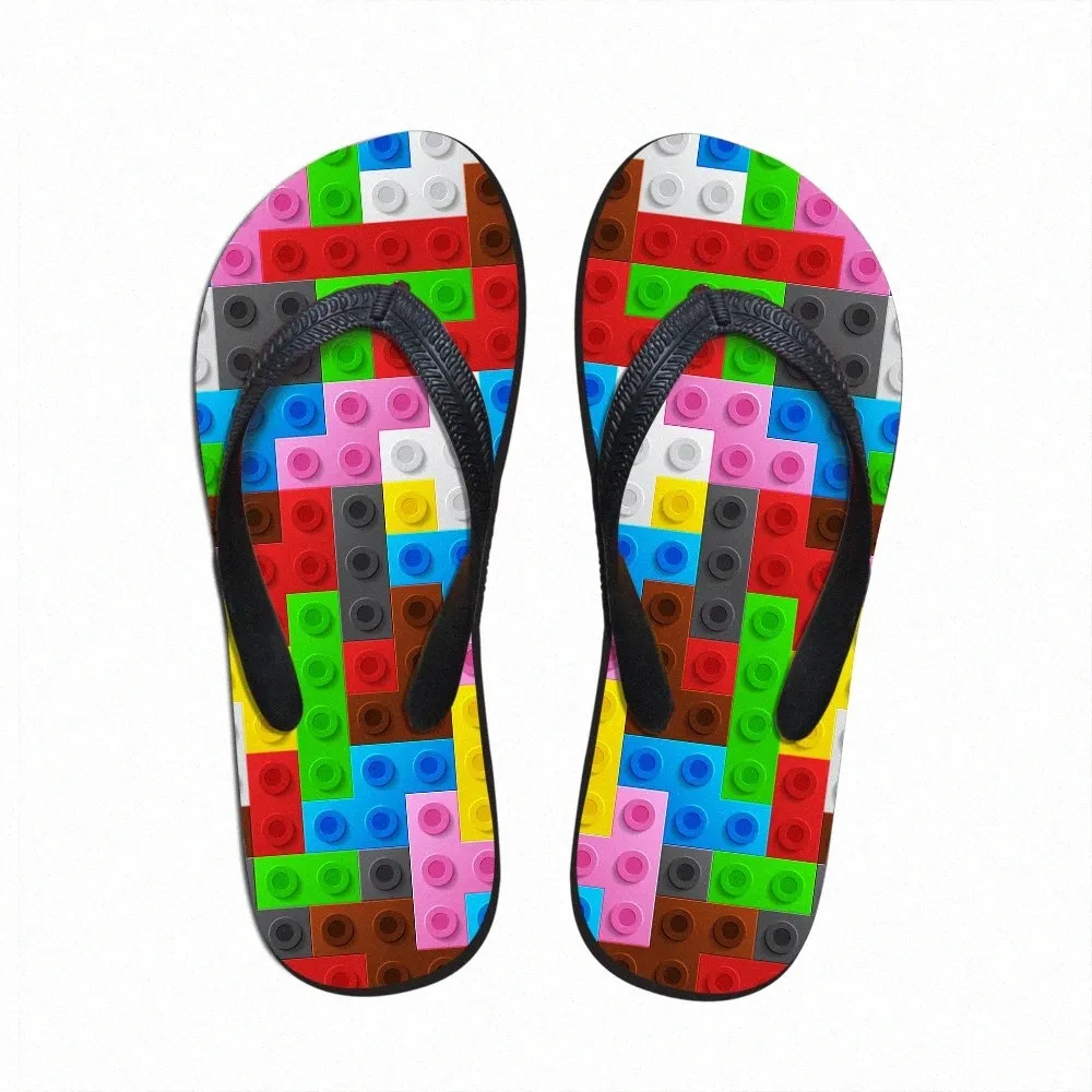 Angepasst Frauen Wohnungen Haus Hausschuhe Slipper 3D Tetris Druck Sommer Mode Strand Sandalen Für Frau Damen Flip Flops Gummi Flipflops h7TW #