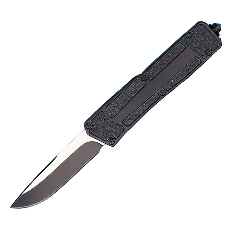 Coltello tattico automatico di alta qualità 440C Lama nera bicolore Maniglia in lega di alluminio Attrezzatura di sopravvivenza esterna Coltelli tascabili EDC con borsa in nylon