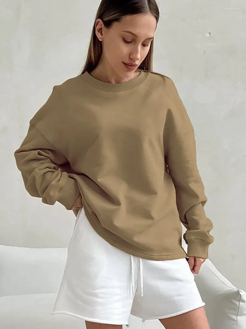 Женские толстовки с капюшоном, вязаный коричневый флисовый свитер в стиле ретро, осень 2023, осень и зима, простая повседневная одежда с круглым вырезом