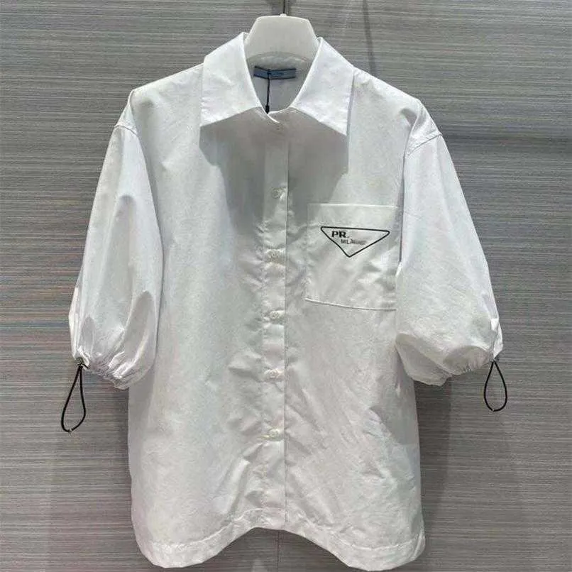 Designer summer women t shirt Triangle Drawstring Bubble White Shirt Summer Casual Loose Versatile 3/4 Sleeve Top
