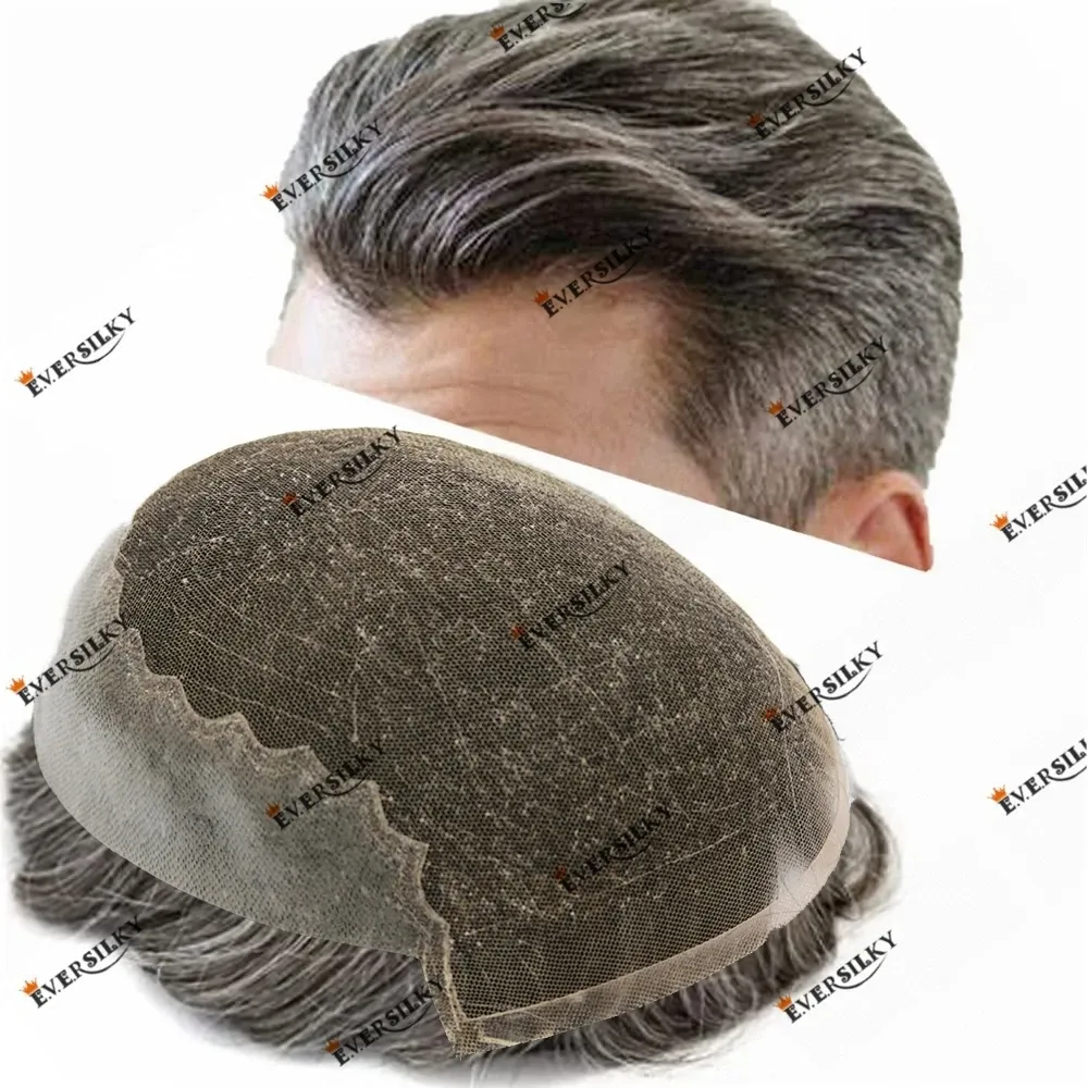 Durable Breathable Lace Front Q6 Bleach Knots Natural Hairline Human Hair Men's Toupee Gray Hair Prosthesis Men Wig Capillary Hairloss Solution