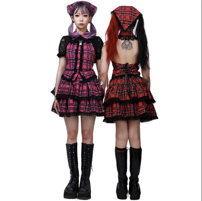 Kjolar japanska harajuku flickor röd plåt veckad kjol punk söt mode kawaii lolita cake mini cosplay kostym