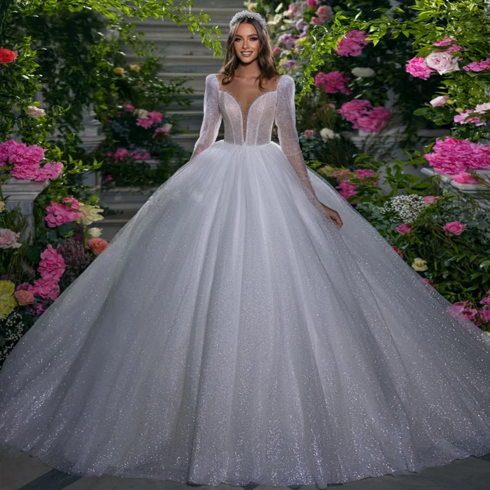 Glamorous Long Ball Gown Lace Beaded Wedding Dresses with Sleeves main image 0