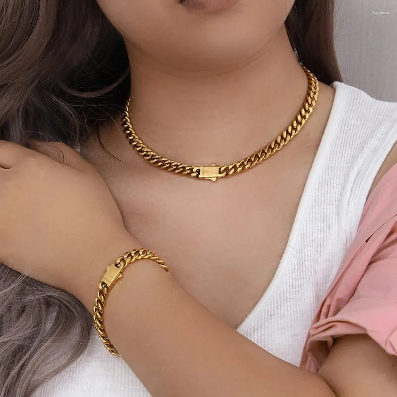 Ensemble de collier et boucles d'oreilles en acier inoxydable plaqué PVD, chaîne cubaine dorée, ras du cou pour femmes, bijoux en titane