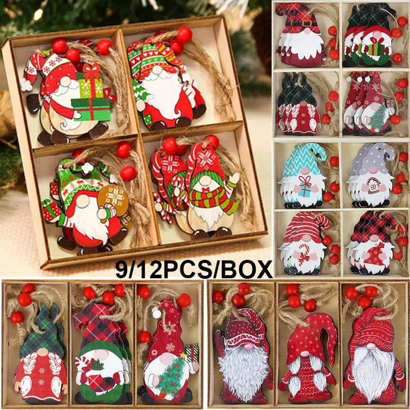 12/9PCS Christmas Wooden Pendants Christmas Tree Hanging Ornaments Santa Dolls For Home Decor Xmas Happy New Year Navidad Gifts