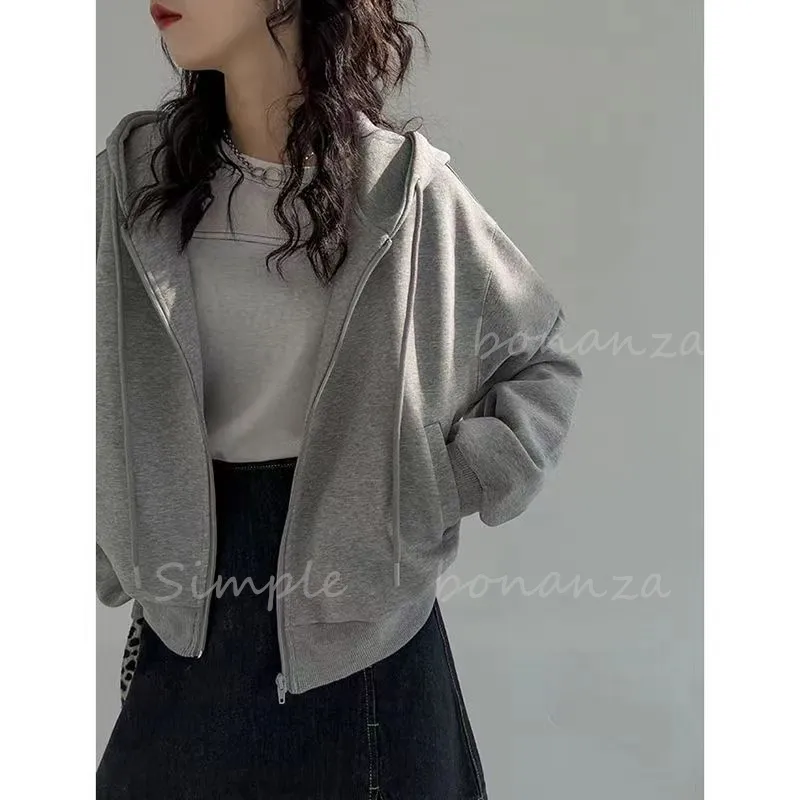 Felpe con cappuccio da donna grigia con cappuccio da donna 2023 autunno zip up giacca corta oversize casual solido caldo felpe con cappuccio streetwear femminile