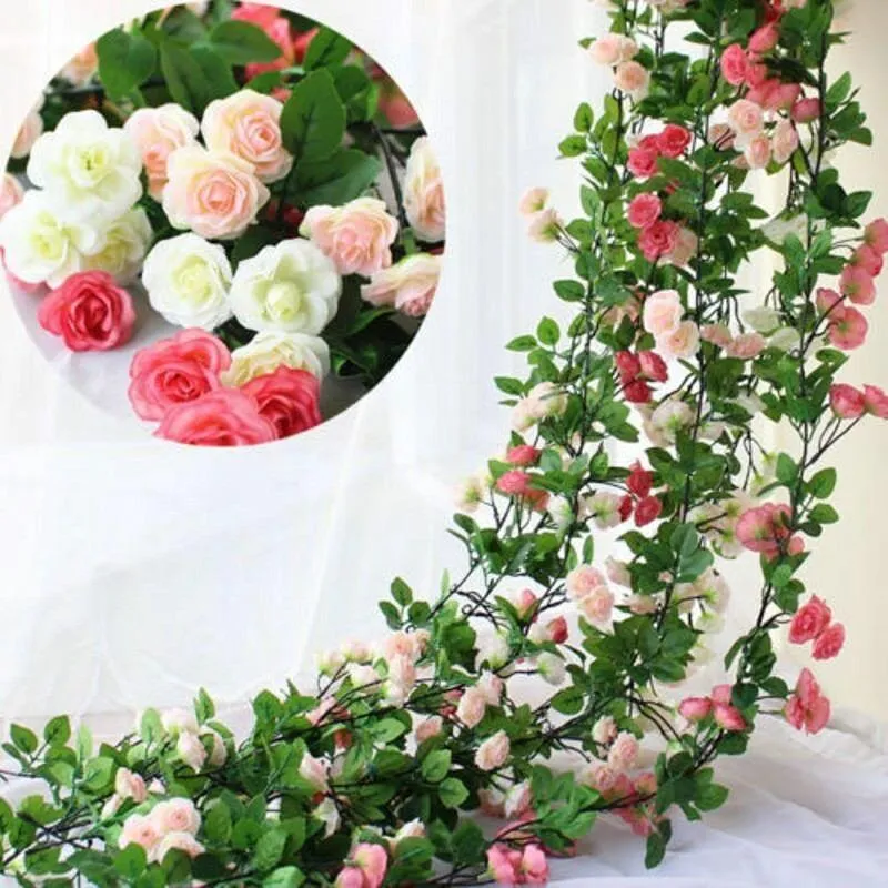 Flores decorativas grinaldas de 2,4m de rosa artificial videira decoração de casamento de seda grossa com folhas para pendurar em casa