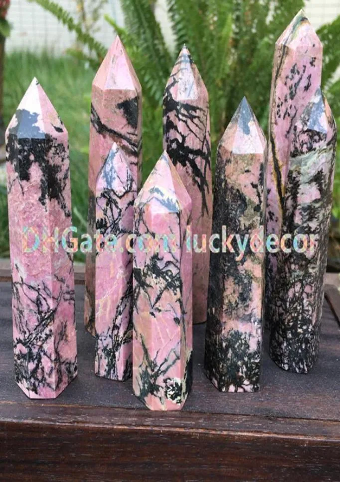 5pcs Nadir Siyah Pembe Doğal Rhodonit Tek Feshedilmiş Nokta Kaya Taş Tower Jeneratörü 6 Yan Değnek Obelitisk Kristal Reiki Cha7563954