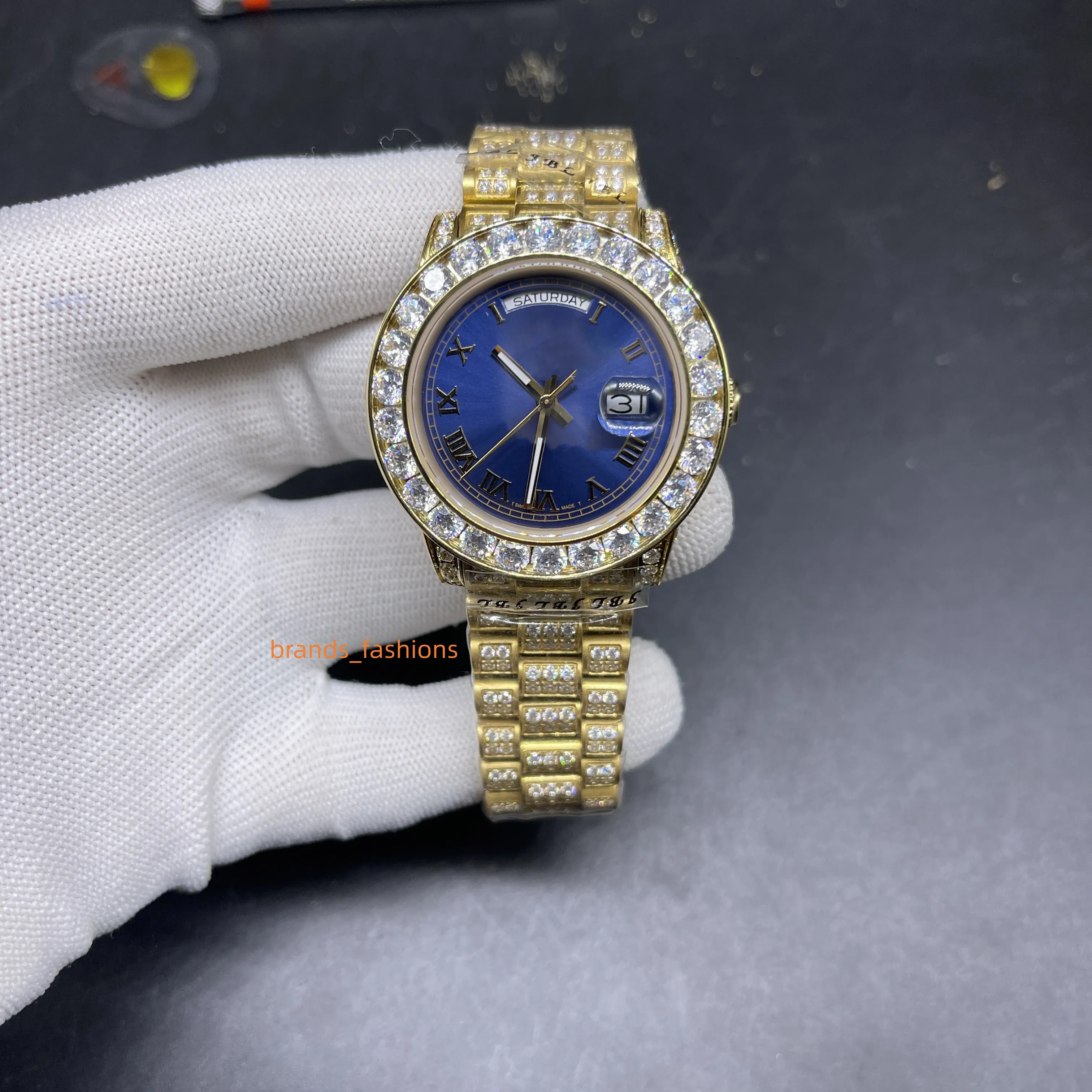 Hoogwaardige herenkijk Goud Iced Out Diamond Populair horloge 40 mm blauw gezicht volledig automatisch mechanisch horloges leven waterdicht