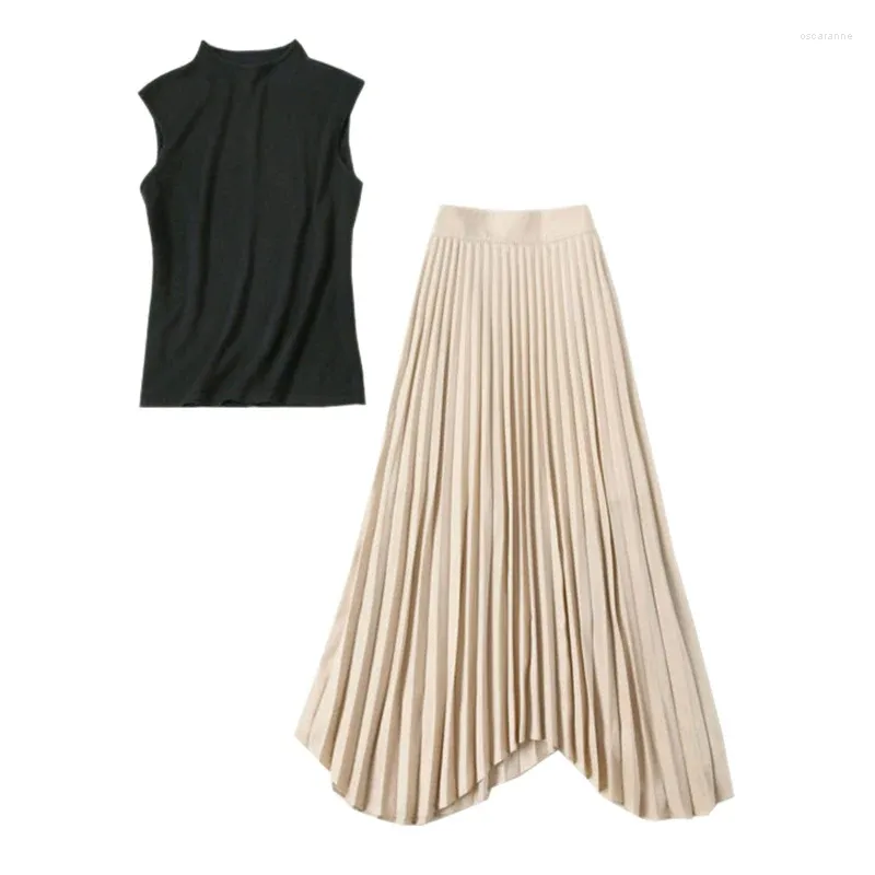 Work Dresses Fall Fashion Women Clothing Set Sleeveless Black Knitted Turtleneck Sweater Pullover Top High Waisted Pleated Long Maxi Skirt