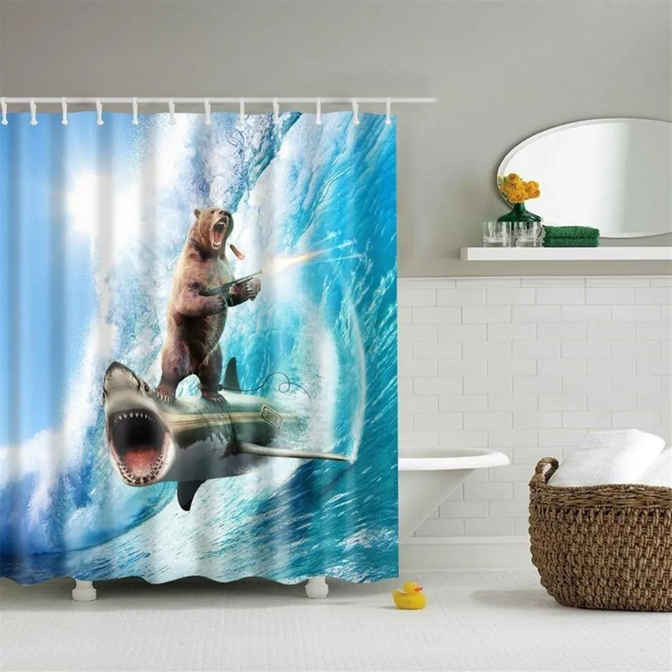 Dafield Animal Funny Brave Bear On A Shark Presh Curtain Temat Art do zmywalnego materiału w łazience dekoracje prysznicowe niedźwiedź Y200108191W