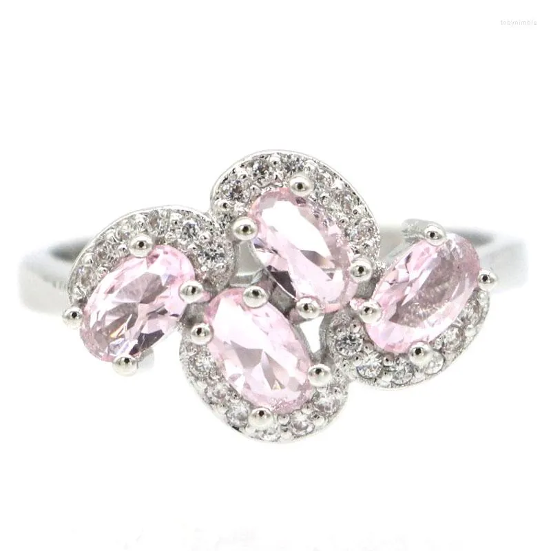 Klusterringar 16x11mm minimalistisk stil rosa kunzite vit cz kvinna engagemang silver