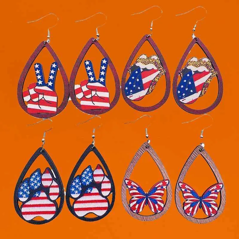 Bengelen kroonluchter nieuwe onafhankelijkheidsdag houten oorbellen vlinder kat klauw lippen uitsparend Amerikaanse vlag kleurdruppel hanger oorring geschenk groothandel z0411