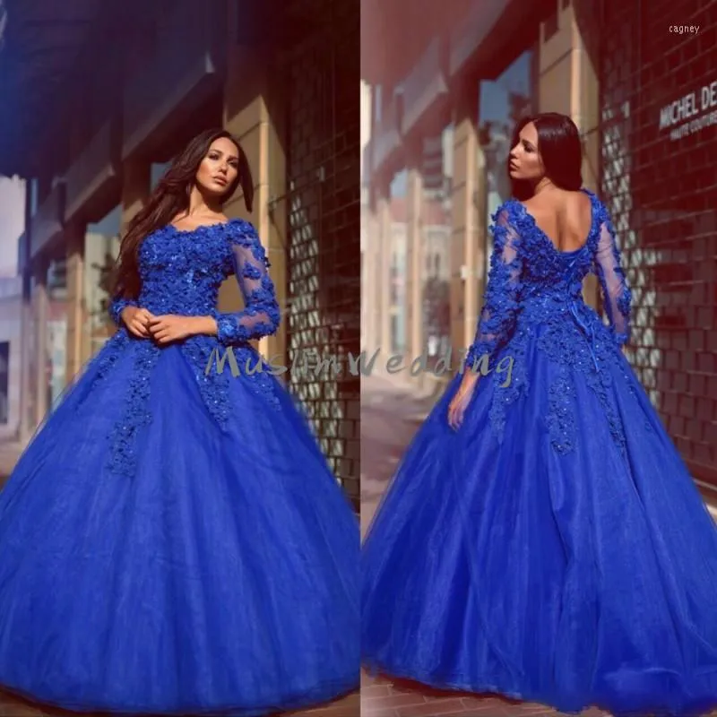 Vestidos de festa azul royal lindo vestido de baile baile com flores sexy sem costas de manga longa vestido formal de noite 2023 vestidos
