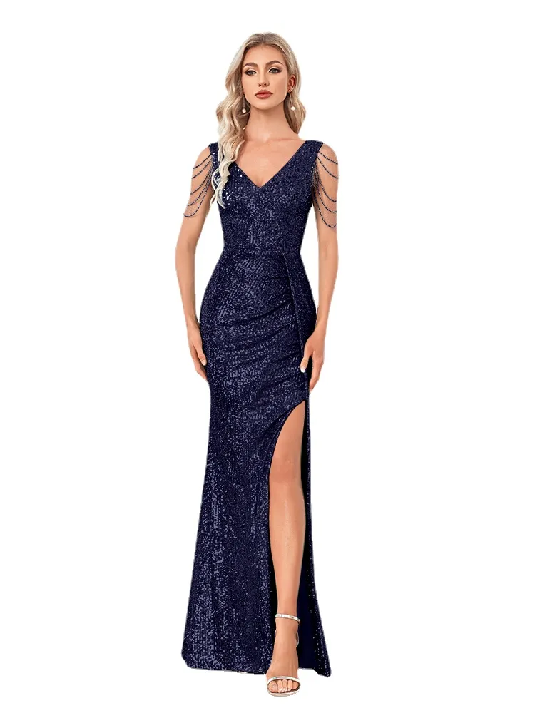 Xuibol Women Elegant Sexy Deep V-hals pailletten avondjurk luxe formele maxi lange prom blauwe spleet kralen cocktailjurk